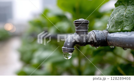Water droplets on a garden faucet amidst lush green leaves in the city Water droplets on a garden faucet amidst lush green leaves in the city 128289408