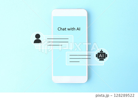 スマホを使ってAIとユーザーがチャットをするイメージ画像 スマホを使ってAIとユーザーがチャットをするイメージ画像 128289522