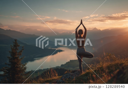 woman is doing yoga on the top of a mountain with a beautiful lake and sunset background woman is doing yoga on the top of a mountain with a beautiful lake and sunset background 128289540