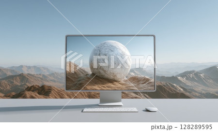modern computer with a simple background of mountains and sky 128289595