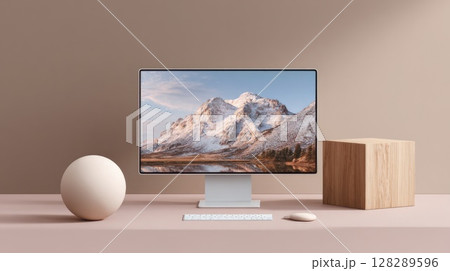 modern computer with a simple background of mountains and sky 128289596
