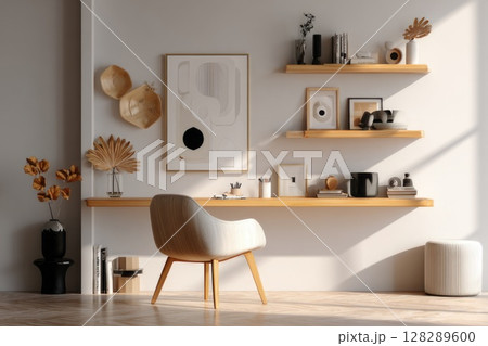 3D rendering of a modern interior design, a cozy home office with a floating shelf and chair. 128289600