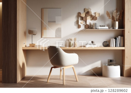 3D rendering of a modern interior design, a cozy home office with a floating shelf and chair. 128289602