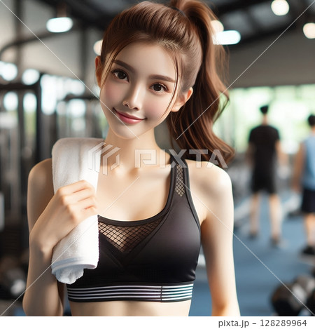 Fit Young Asian Woman in Gym Clothes Holding Towel After Workout for Healthy Lifestyle and Fitness Training Concept with Generative AI. 128289964