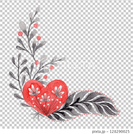 Corner composition with heart and twig in folk style. Stylized illustration in red and gray colors for wedding invitation creating. Hand drawn arrangement is perfect for romantic and love designs. Corner composition with heart and twig in folk style. Stylized illustration in red and gray colors for wedding invitation creating. Hand drawn arrangement is perfect for romantic and love designs. 128290025