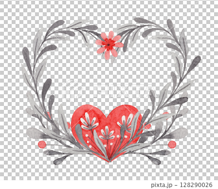 Floral heart shaped composition in folk style. Stylized illustration in red and gray colors for wedding invitation creating. Hand drawn arrangement is perfect for romantic and love designs. 128290026