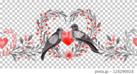 Seamless border with couple of dove in folk style. Stylized illustration in red and gray color for wedding invitation creating. Hand drawn composition is perfect for romantic and love card design. Seamless border with couple of dove in folk style. Stylized illustration in red and gray color for wedding invitation creating. Hand drawn composition is perfect for romantic and love card design. 128290028