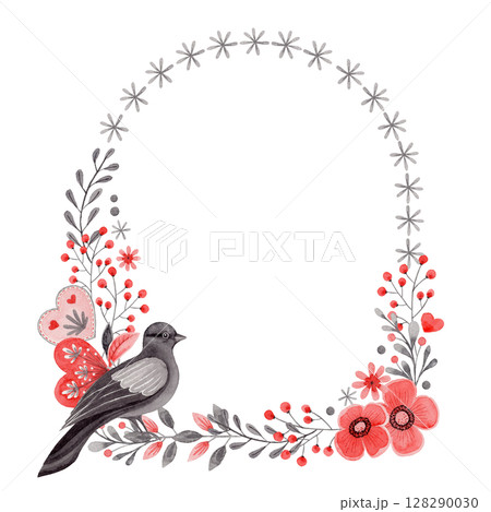 Arch wreath with dove and flower in folk style. Stylized illustration in red and gray colors for wedding invitation creating. Hand drawn composition is perfect for romantic and love card design. 128290030