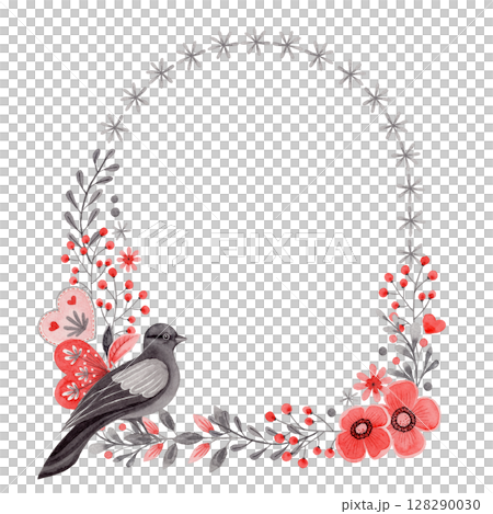 Arch wreath with dove and flower in folk style. Stylized illustration in red and gray colors for wedding invitation creating. Hand drawn composition is perfect for romantic and love card design. Arch wreath with dove and flower in folk style. Stylized illustration in red and gray colors for wedding invitation creating. Hand drawn composition is perfect for romantic and love card design. 128290030