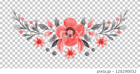 Wide arrangement with flower and twig in folk style. Stylized illustration in red and gray colors for wedding invitation creating. Hand drawn composition is perfect for romantic and love designs. Wide arrangement with flower and twig in folk style. Stylized illustration in red and gray colors for wedding invitation creating. Hand drawn composition is perfect for romantic and love designs. 128290032