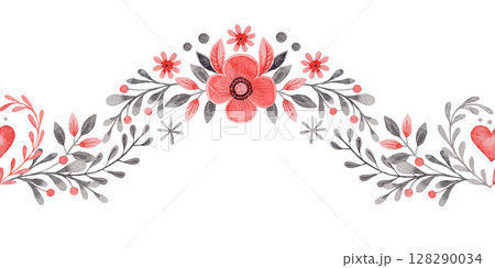 Curved seamless border with heart and flower in folk style. Stylized illustration in red and gray colors for wedding invitation. Hand drawn composition is perfect for romantic and love card design. Curved seamless border with heart and flower in folk style. Stylized illustration in red and gray colors for wedding invitation. Hand drawn composition is perfect for romantic and love card design. 128290034