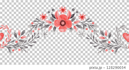 Curved seamless border with heart and flower in folk style. Stylized illustration in red and gray colors for wedding invitation. Hand drawn composition is perfect for romantic and love card design. 128290034