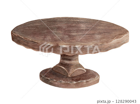 Vintage brown wooden cake stand in a nostalgic Easter theme. Realistic hand drawn watercolor artwork with fine details. Perfect for card design. Ideal for festive decor and holiday tableware. 128290043