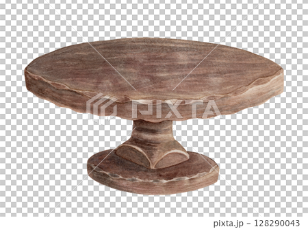 Vintage brown wooden cake stand in a nostalgic Easter theme. Realistic hand drawn watercolor artwork with fine details. Perfect for card design. Ideal for festive decor and holiday tableware. 128290043