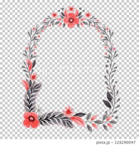 Arch wreath with flower and feather in folk style. Stylized illustration in red and gray colors for wedding invitation creating. Hand drawn composition is perfect for romantic and love card design. Arch wreath with flower and feather in folk style. Stylized illustration in red and gray colors for wedding invitation creating. Hand drawn composition is perfect for romantic and love card design. 128290047