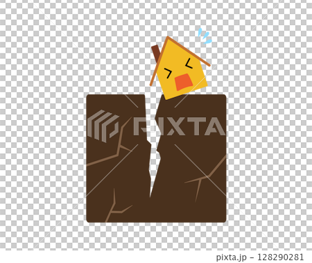 A simple illustration of a house that is tilted and about to collapse due to a crack in the ground 128290281