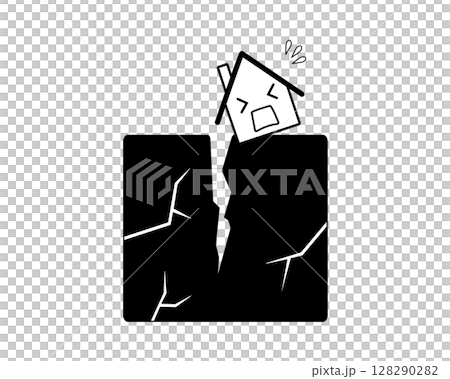 A simple black and white illustration of a house tilting and collapsing due to a crack in the ground. 128290282