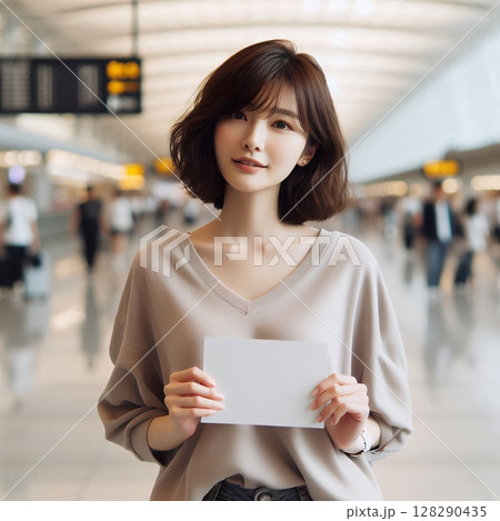 Young Asian Woman Holding Blank Sign at Modern Airport Terminal for Travel and Message Concept with Generative AI. 128290435