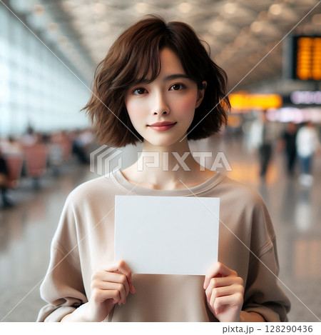 Young Asian Woman Holding Blank Sign at Modern Airport Terminal for Travel and Message Concept with Generative AI. 128290436