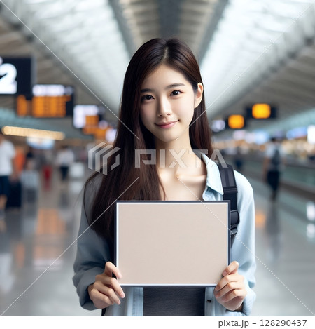 Young Asian Woman Holding Blank Sign at Modern Airport Terminal for Travel and Message Concept with Generative AI. Young Asian Woman Holding Blank Sign at Modern Airport Terminal for Travel and Message Concept with Generative AI. 128290437