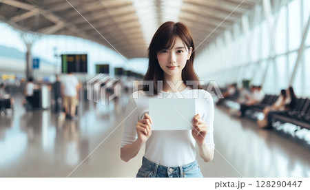Young Asian Woman Holding Blank Sign at Modern Airport Terminal for Travel and Message Concept with Generative AI. 128290447
