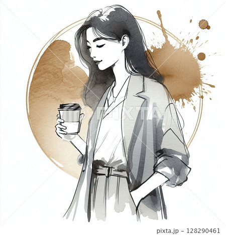 Watercolor Ink Sketch of a Woman with Coffee in Artistic Minimalist Style with Generative AI. 128290461
