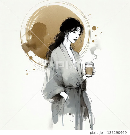Watercolor Ink Sketch of a Woman with Coffee in Artistic Minimalist Style with Generative AI. Watercolor Ink Sketch of a Woman with Coffee in Artistic Minimalist Style with Generative AI. 128290469
