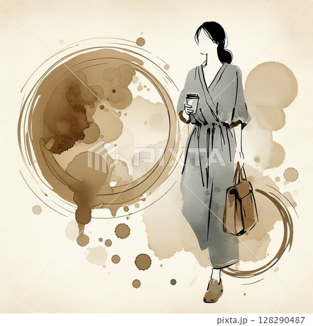 Watercolor Ink Sketch of a Woman with Coffee in Artistic Minimalist Style with Generative AI. 128290487
