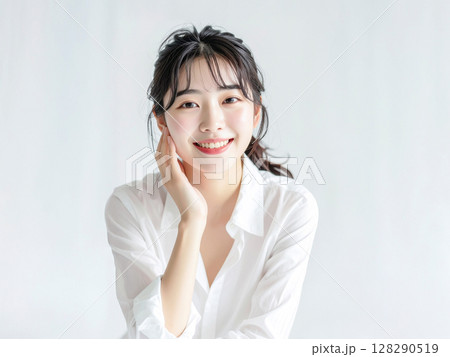 ほおづえをつく若い日本人女性　AI生成画像　 128290519
