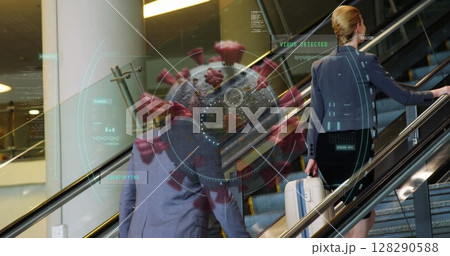 Business travelers with luggage ascending escalator, virus detection overlay in airport 128290588