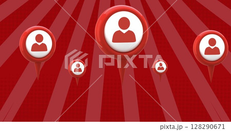 Image of red person social media icons over rotating red bright stripes moving in hypnotic motion 128290671