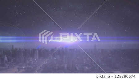 Image of glowing spot disappearing over city horizon line with night sky with stars Image of glowing spot disappearing over city horizon line with night sky with stars 128290674