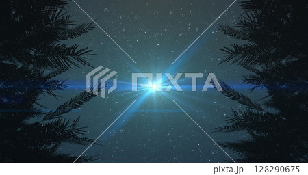 Image of glowing spot flickering and disappearing on night sky with stars surrounded by trees Image of glowing spot flickering and disappearing on night sky with stars surrounded by trees 128290675
