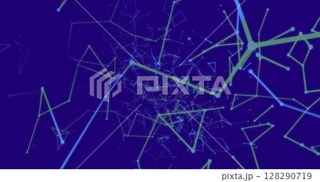 Abstract digital network with interconnected lines and nodes on blue background 128290719
