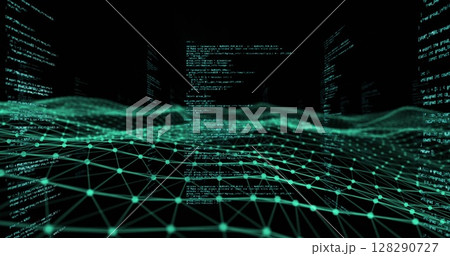 Digital code flowing over network grid, illustrating futuristic technology interface Digital code flowing over network grid, illustrating futuristic technology interface 128290727