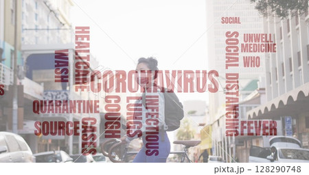 Image of coronavirus text over woman wearing face mask walking in the street with bike Image of coronavirus text over woman wearing face mask walking in the street with bike 128290748