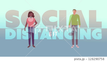 Image of the words Social Distancing 6ft moving over icons of a man and a woman Image of the words Social Distancing 6ft moving over icons of a man and a woman 128290758