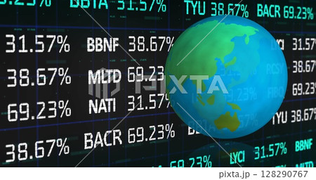 Digital globe floating over stock market numbers, showcasing global finance trends 128290767