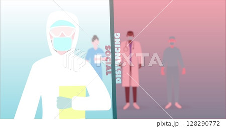 Image of the words social distancing moving over icons of healthcare workers in face masks Image of the words social distancing moving over icons of healthcare workers in face masks 128290772