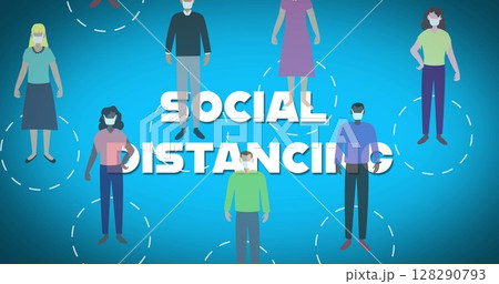 People wearing masks standing apart, practicing social distancing on blue background 128290793