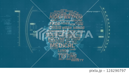 Displaying coronavirus-related keywords, digital interface in futuristic design 128290797