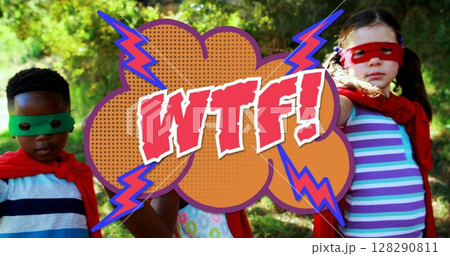 Image of the wtf! text written over cartoon retro speech bubble with children dressed as superheroes 128290811