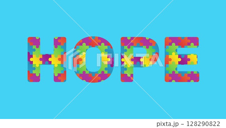 Image of puzzle elements forming autism awareness month symbol with word hope on blue background 128290822