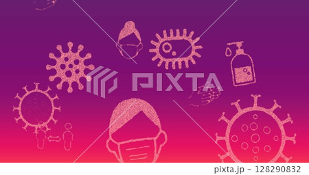 Image of covid cells and faces covered with masks on purple and pink gradient background 128290832