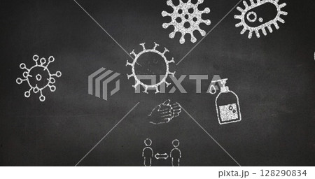 Image of covid cells and faces covered with masks on grey background 128290834