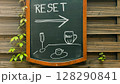 Creativity unfolds on a chalkboard sign at a cafe in Prague showcasing beverages and inviting patrons to unwind 128290841