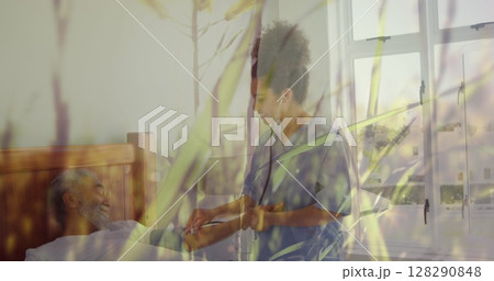 Image of grass on a windy field over nurse checking on her senior male patient at the hospital Image of grass on a windy field over nurse checking on her senior male patient at the hospital 128290848