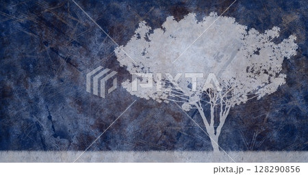 Image of white tree on blue sky over blue cracked distressed pattern Image of white tree on blue sky over blue cracked distressed pattern 128290856