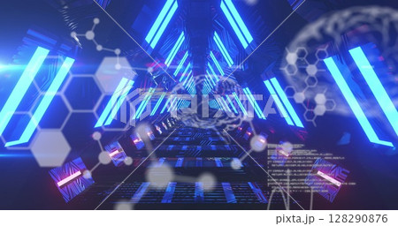 Image of digital interface with medical data processing moving in blue glowing tunnel Image of digital interface with medical data processing moving in blue glowing tunnel 128290876