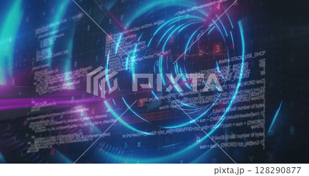 Image of digital interface data processing with network of connections in blue glowing tunnel Image of digital interface data processing with network of connections in blue glowing tunnel 128290877